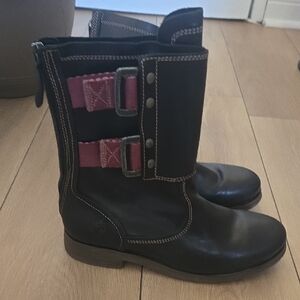 Fly London Stif Leather Pull On Military Biker Buckle Ankle Boots Sz EU 37 US 7